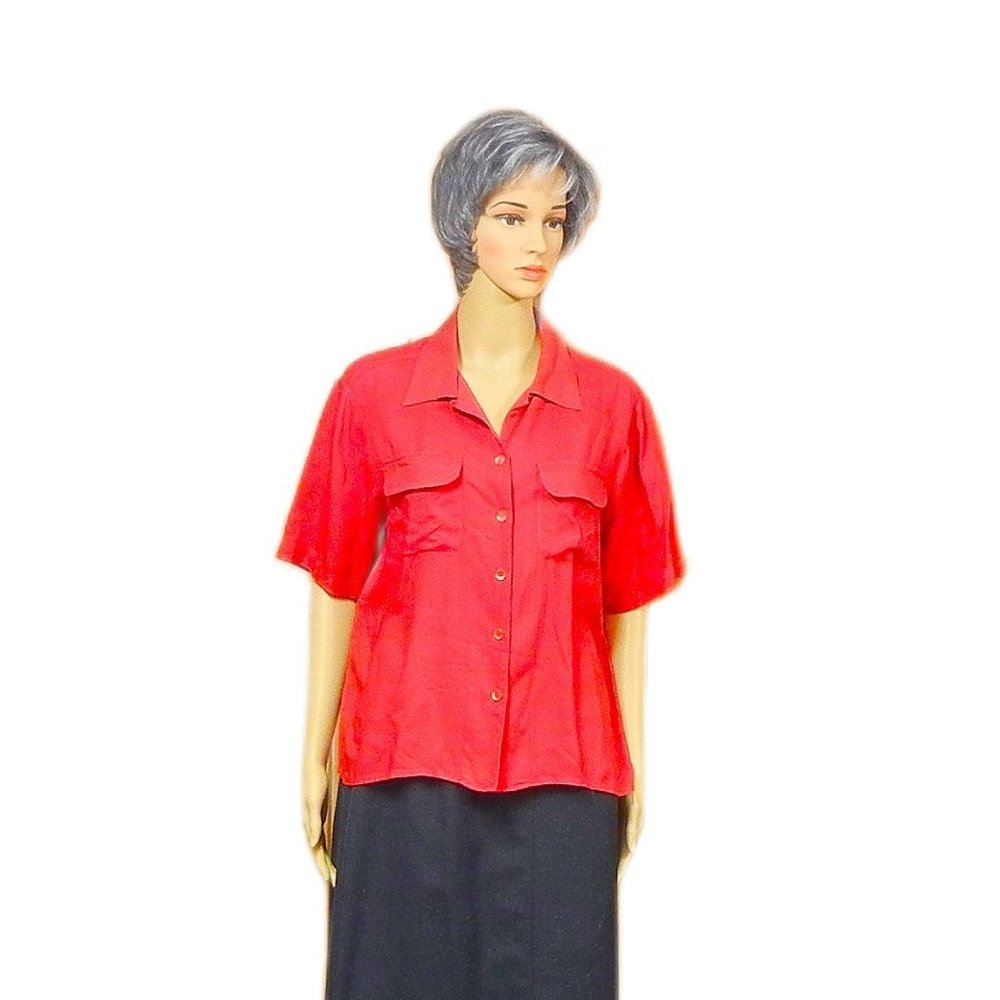 TR BENTLEY Vintage Short Sleeve, Button Down Blouse ~ Medium ~ Solid Red